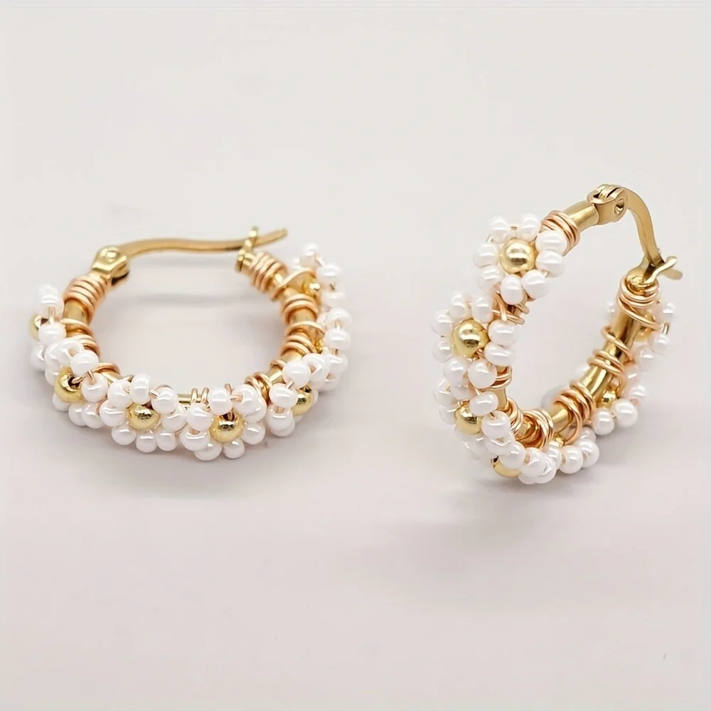 Boho Stainless Steel Beaded Flower Hoop Earrings